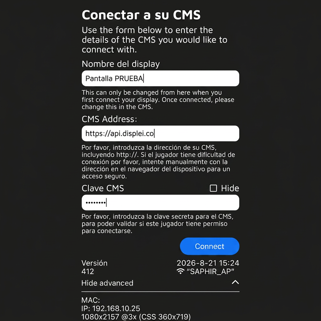 Imagen: formulario de conexión CMS con nombre, dirección y clave