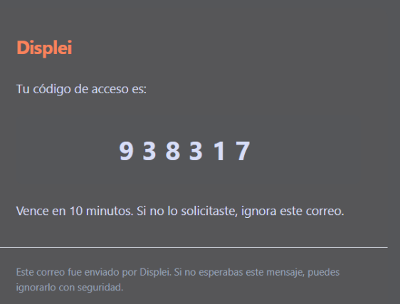 Imagen: correo con el código de acceso de DISPLEI